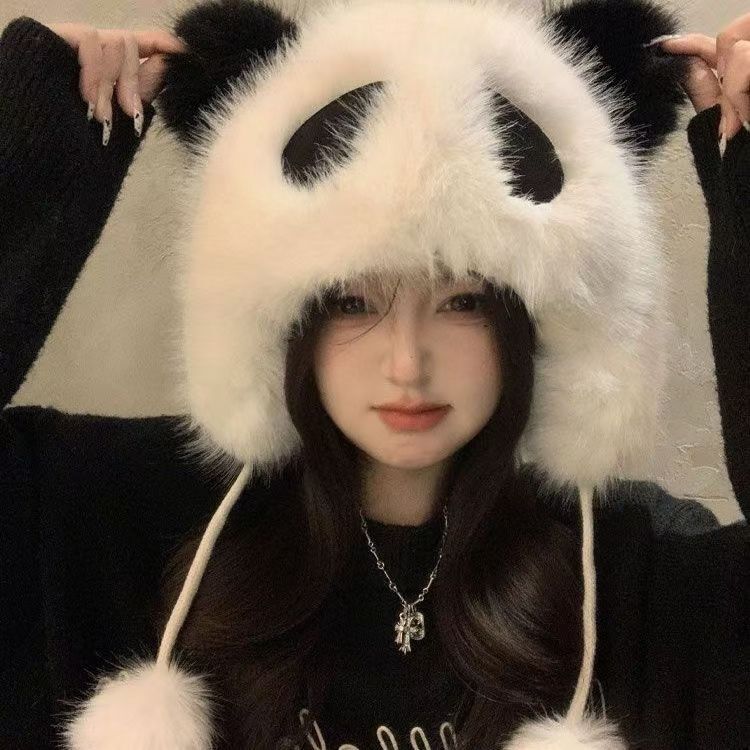 Winter Women's Panda Plush Hat Cute Cartoon Ear Protection Hat Furry Warm Lei Feng Hat Fashion Internet Red Hat