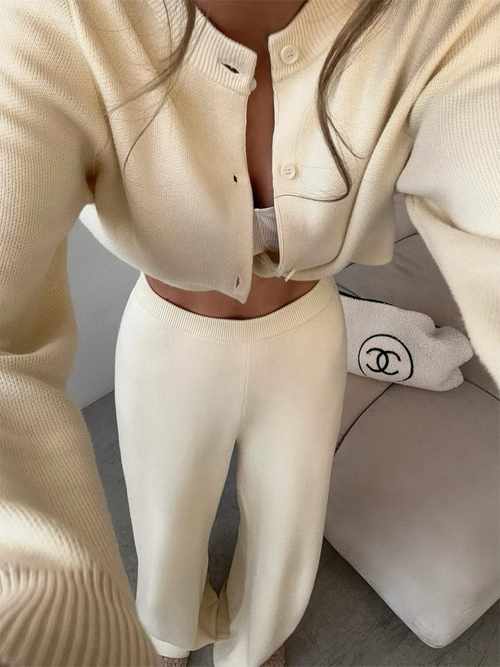 Bộ len dệt kim nữ áo cardigan tay dài quần dài màu trơn — Màu nâu, màu xám, mơ chi tiết 40
