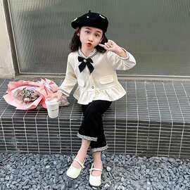 韩版洋气女童长袖开衫外套上衣2025秋季甜美洋气黑色喇叭裤两件套