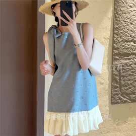法式提花系带蝴蝶结无袖背心连衣裙女撞色拼接宽松短裙感女装