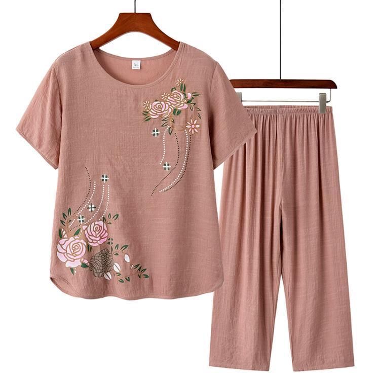 Carefully Selected Summer Cotton Linen Short-Sleeve Two-Piece Set for Middle-Aged and Elderly Women, Suitable for Grandma and Mom, Includes Pajama Top and Pants for Home Use