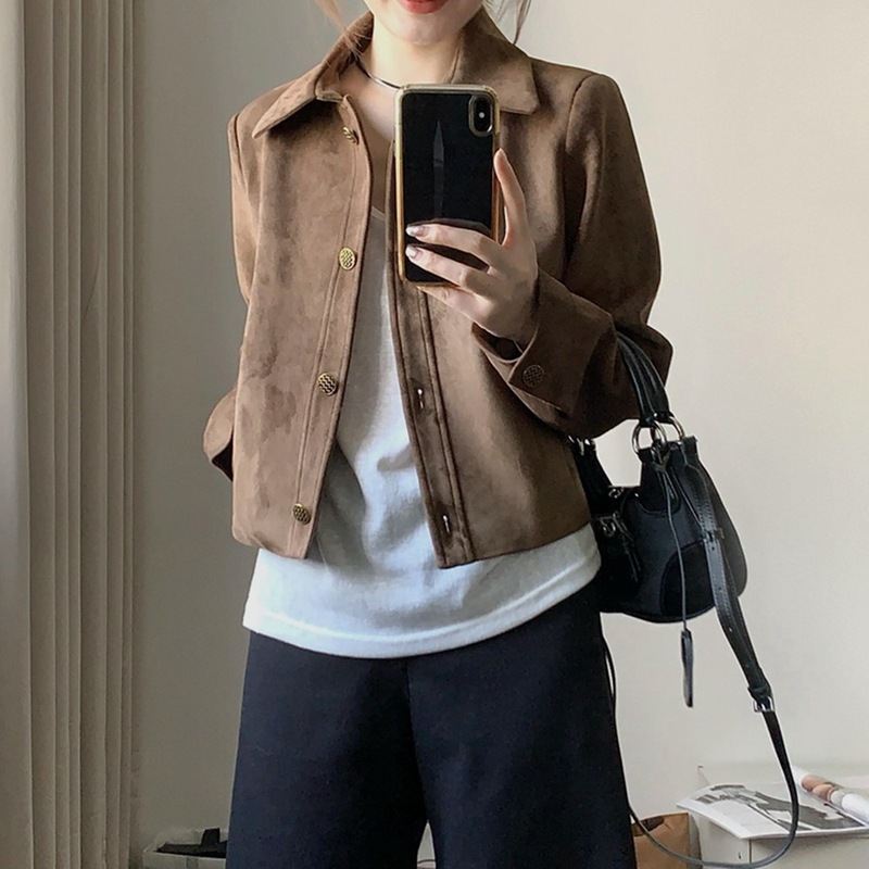 美拉德麂皮绒外套女短款2025春秋新款复古宽松小个子薄款夹克上衣|undefined