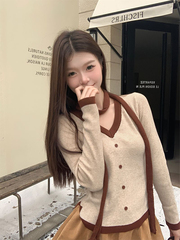 2025春秋撞色挂脖飘带长袖针织衫女辣妹设计感打底衫单排扣上衣