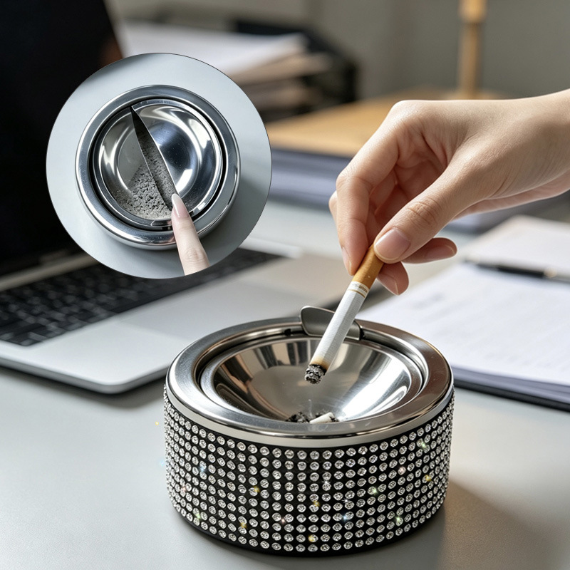 Stainless steel ashtray, creative and personalized, prevents ash from flying, high aesthetic value, inlaid with diamonds, suitable for hotels, homes, and offices
