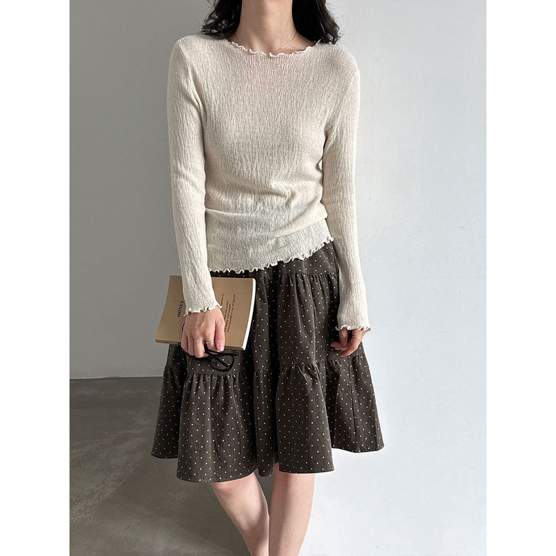 NS Korean-style wool knit long-sleeve base shirt with ruffled trim, women's autumn workwear versatile inner top ss1091