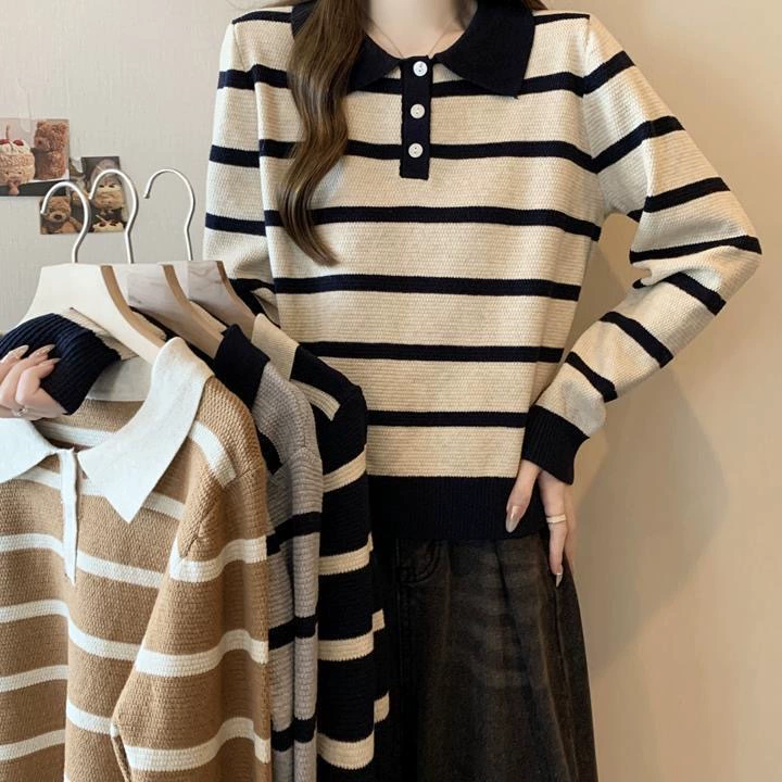 Гонконгский стиль ретро-контрастный цвет в полоску Polo-образный трикотаж женский осенний корейский выпуск свободного лацкана дикая повседневная одежда