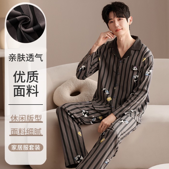 现货情侣纯棉睡衣秋季长袖长裤翻领全棉家居服两件套一件代发包邮|undefined