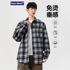 NASA新款潮流宽松复古衬衫男士春秋款复古长袖高级感衬衣格纹外套