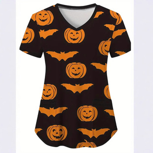 2024 Fashion Halloween Pumpkin Bat 3D Print Women's All-match V-neck Shoulder Slim-fit T-shirt Medical Care Clothes