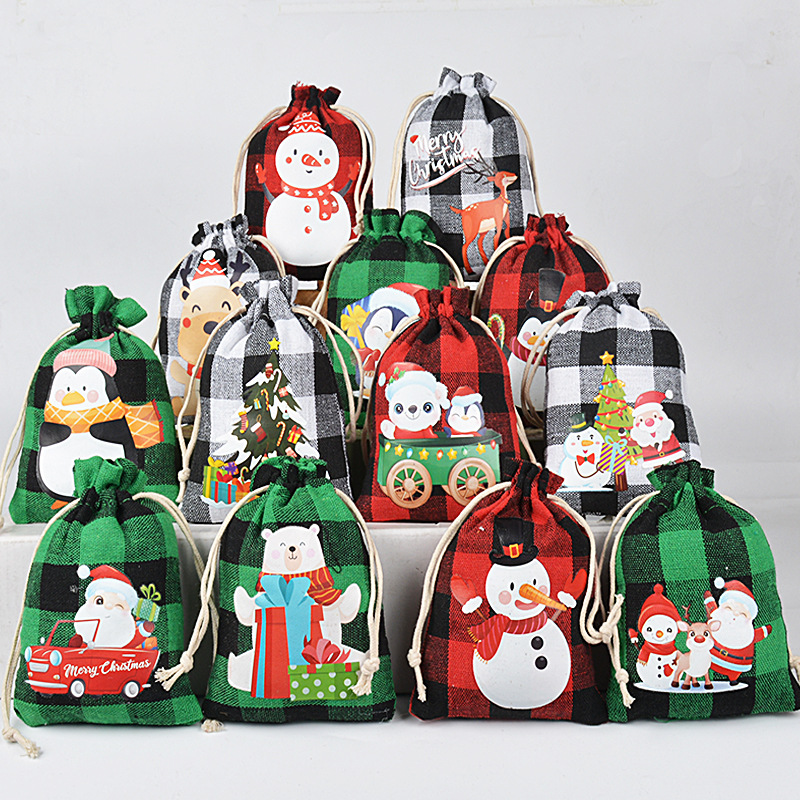 圣诞格子棉布束口袋 平安夜糖果礼品袋圣诞节派对创意小布袋批发