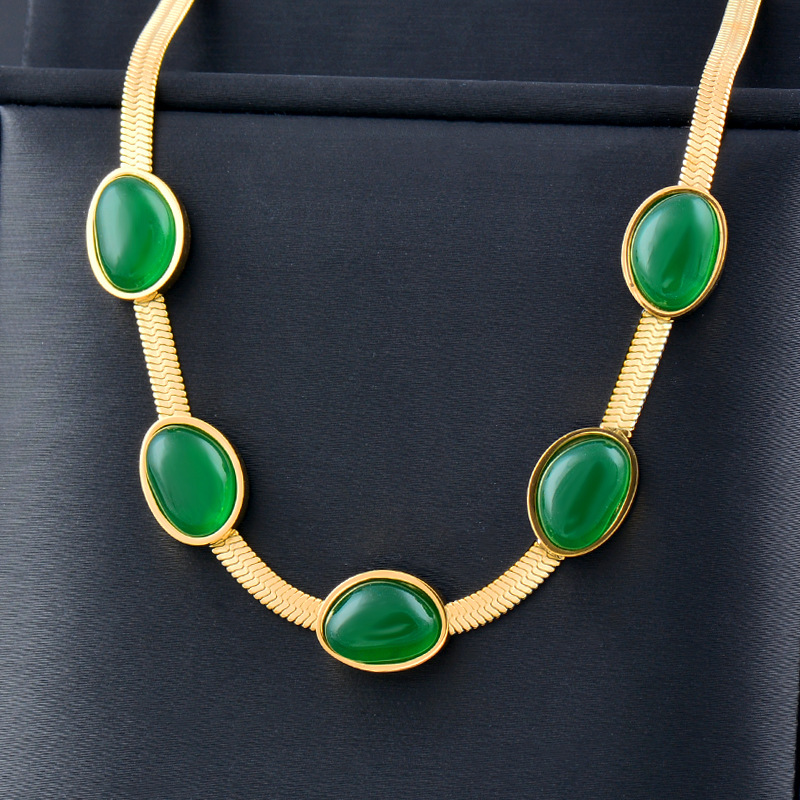 Fashion Oval Titanium Steel Inlay Inlaid Gold Artificial Gemstones Bracelets Earrings Necklace