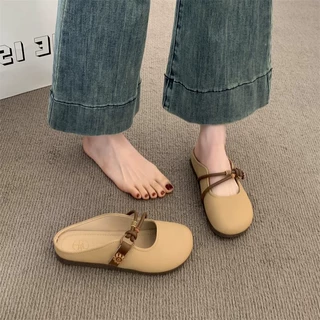 包头半拖鞋女夏季外穿2025新款超火平底一脚蹬懒人半托法式凉拖鞋