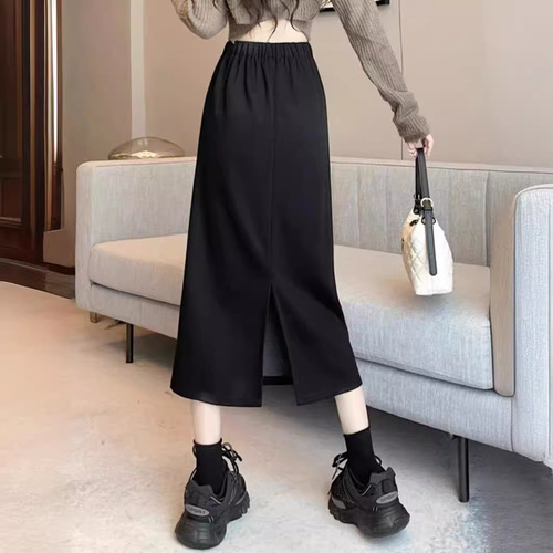 Plus-size Spring Summer Autumn Women's High-Waist Suit Skirt A-line Slimming Design Sensory Slit Hip-Hiding Black Dress