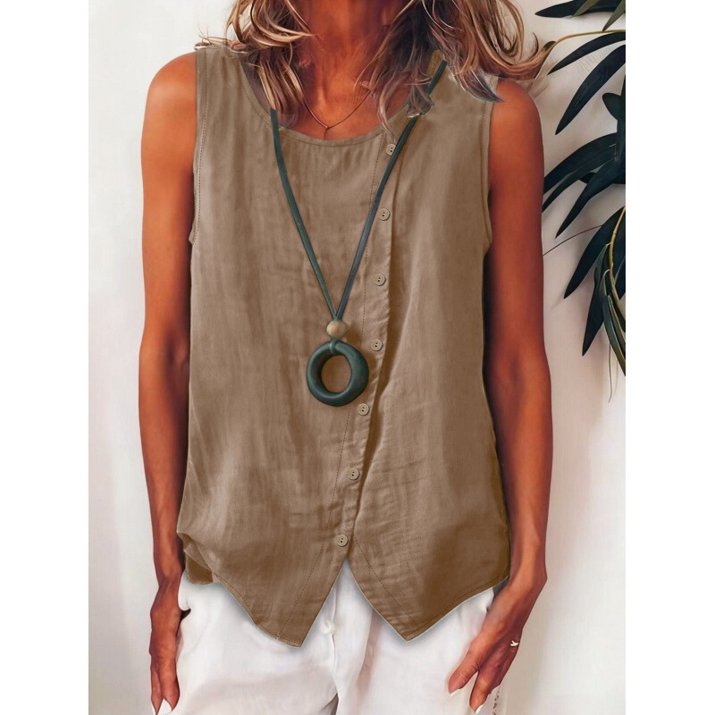 Cross-Border Exclusive Supply of Summer Women's Sleeveless Button-Up Shirts with Side Single-Row Buttons, Loose Vests, Casual Tops, Direct from the Factory Cross-Border Exclusive Supply of Summer Women's Sleeveless Button-Up Shirts with Side Single-Row Buttons, Loose Vests, Casual Tops, Direct from the Factory