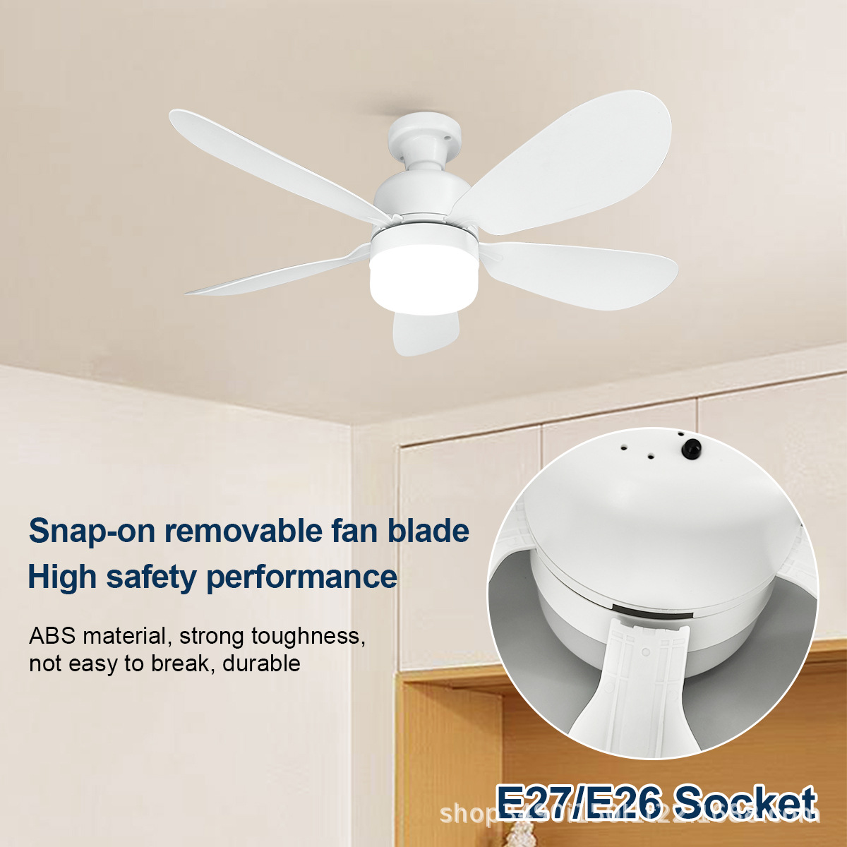 Lámpara de Techo con Ventilador E27 de ABS con Control Remoto y Luz Tricolor para Sala de Estar y Dormitorio