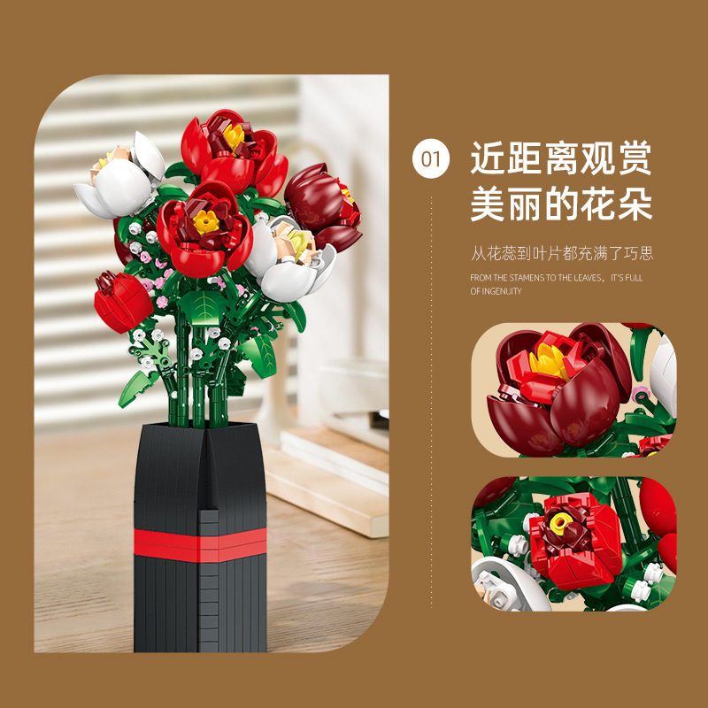 Jie Xing JJ9212 Regalo de San Valentín Ramo de rosas Flor eterna con jarrón Decoración del hogar Bloques de ensamblaje de bricolaje