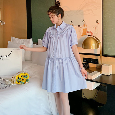 孕妇装夏季韩版设计感单排扣短袖连衣裙宽松减龄中长款衬衫裙8109|ms