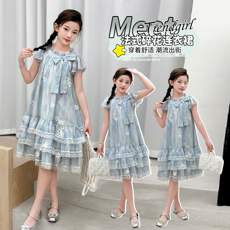 Girls' Midsummer Flower Fairy Dress 2026 Summer Atmosphere Sweet Blue Wave Embroidered Short-Sleeve Dress