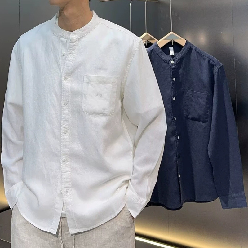 Men's linen stand-up collar shirt, long-sleeved, autumn style, American casual, breathable, round neck, white cotton-linen blend, men's outerwear Men's linen stand-up collar shirt, long-sleeved, autumn style, American casual, breathable, round neck, white cotton-linen blend, men's outerwear