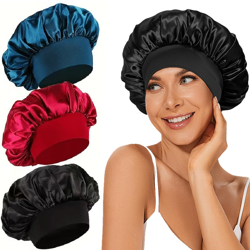 Amazon Women's Wide Brim High Elastic Hat Satin Nightcap Hairdressing Shower Cap Chemotherapy Cap Satin Hair Care Cap Cross-Border