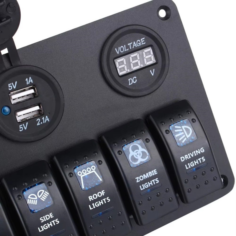 Interruptor universal transfronterizo de RV de 6 lugares, barco, automóvil yate con voltímetro de toma de carga USB dual montado en el vehículo