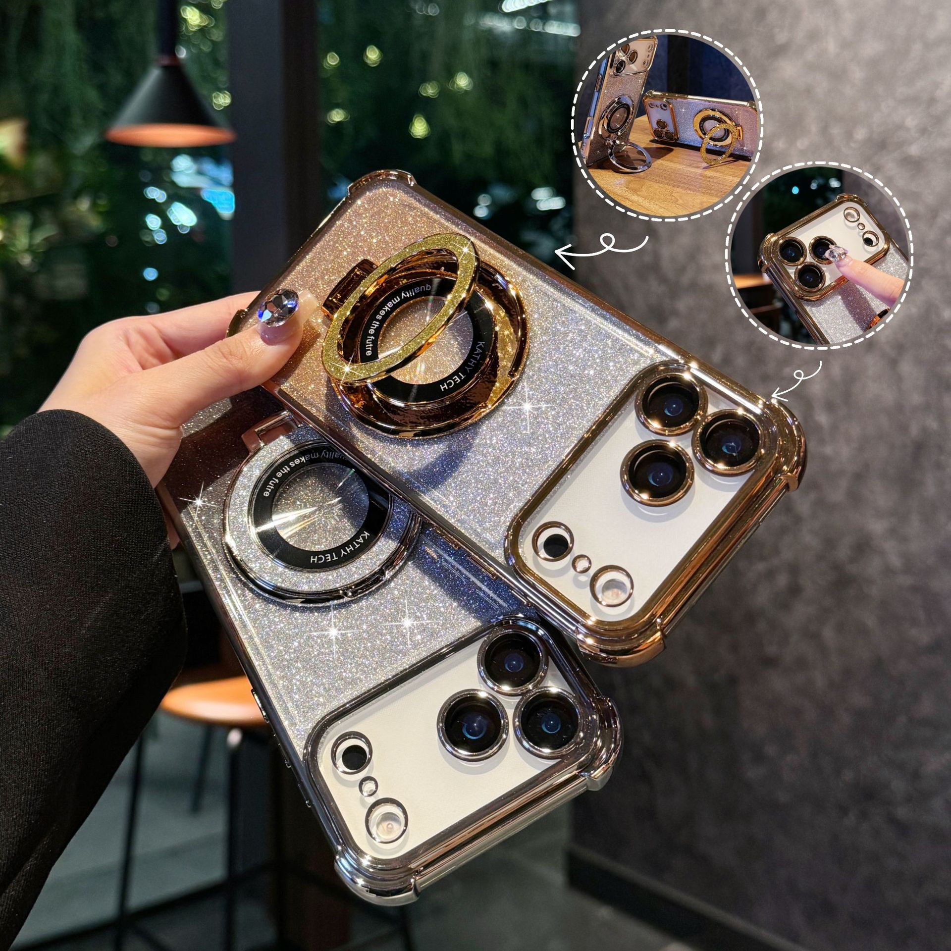 Aplicable para iPhone17 caso de teléfono móvil galvanizado cuatro ángulos anti-caída polvo parpadeo soporte magnético Apple 16 lente cubierta protectora de película