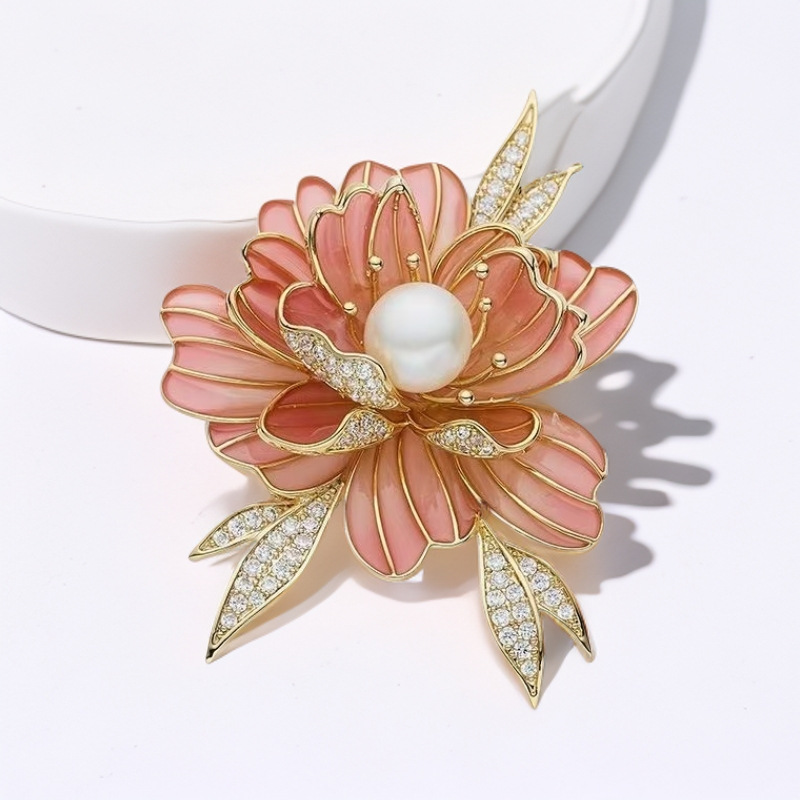 Light Luxury Enamel Peony Brooch Women's Chinese Style Pearl Flower Brooch Elegant Retro Accessories Fashion Corsage