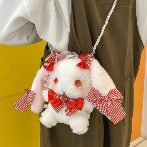 Cute strawberry big-eared rabbit bead chain crossbody bag Korean version ins cartoon shoulder bag girl heart doll plush bag