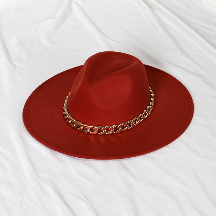 Sombrero de jazz con cadena dorada, sombrero francés vintage de ala ancha en forma de corazón para mujer, sombrero de fieltro oversize.