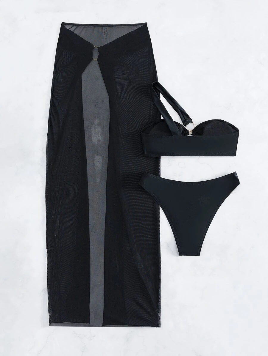 Solid Color Pattern Women's Solid Color 3 Pieces Set Bikinis Swimwear