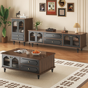 French Retro Solid Wood Tv Cabinet Living Room Home Floor-Standing Storage Cabinet Small Apartment Coffee Table Combination Side Cabinet Storage Cabinet