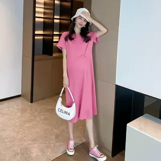 孕妇装夏装连衣裙网红时尚款圆领宽松孕妇裙子可外出中长款夏天裙