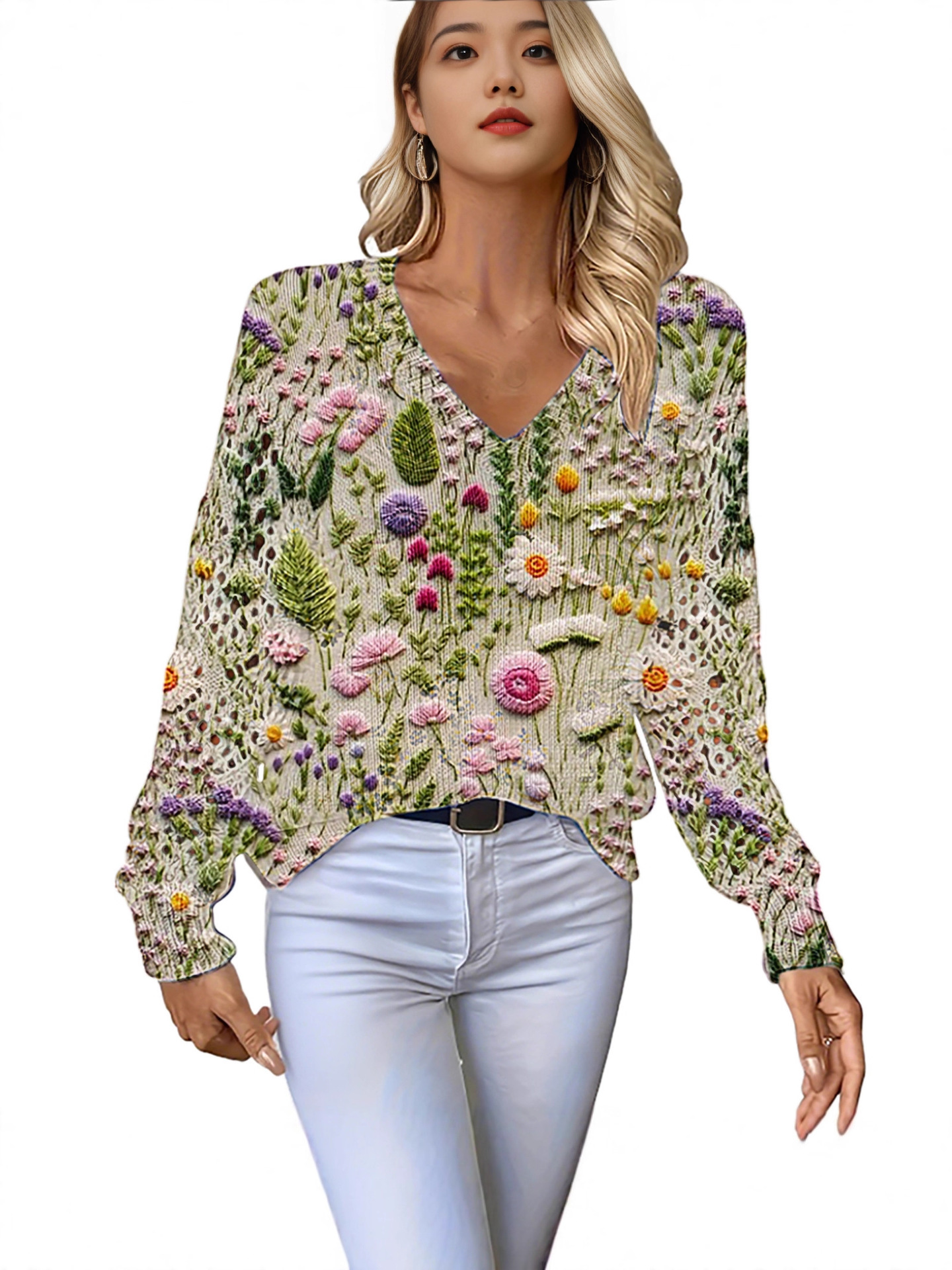 Ylq-Vt-V-Neck Hollow-Out Floral Element Sweater with 3D Digital Print, Pullover Long-Sleeve, Amazon Bestseller