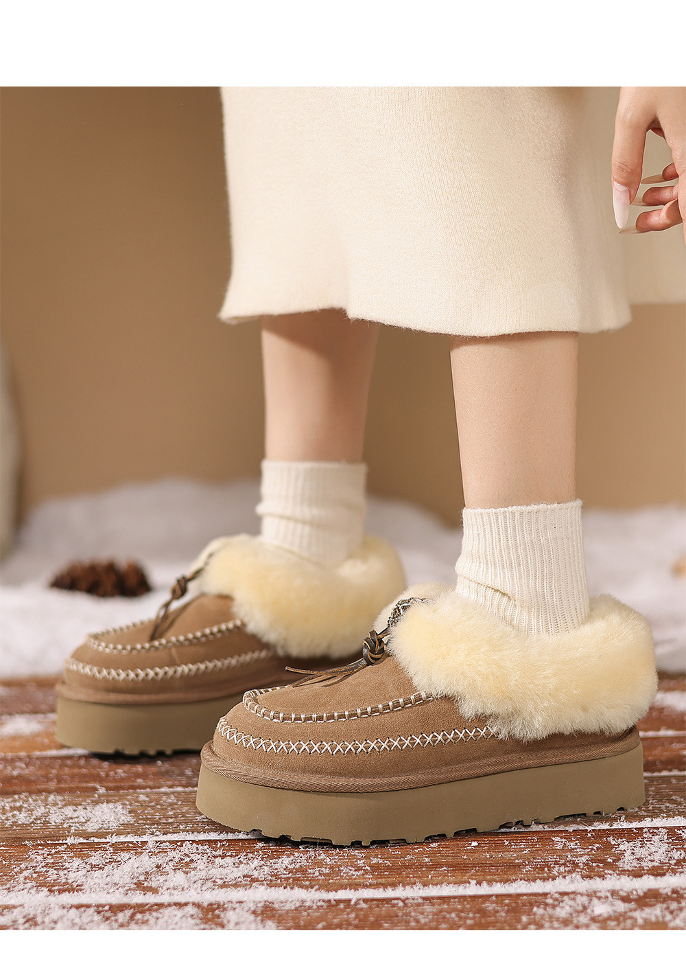 Boot tuyết nữ da cừu liền thân lót lông dày giữ ấm đế dày 4 cm — con linh dương màu nâu chi tiết 6