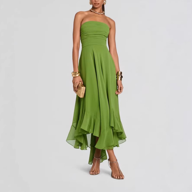 New European and American Women's Fashion Cross-Border Dress with Bustier Design, Pleated Slim Fit, Stylish and Elegant Irregular Hem Dress for Women