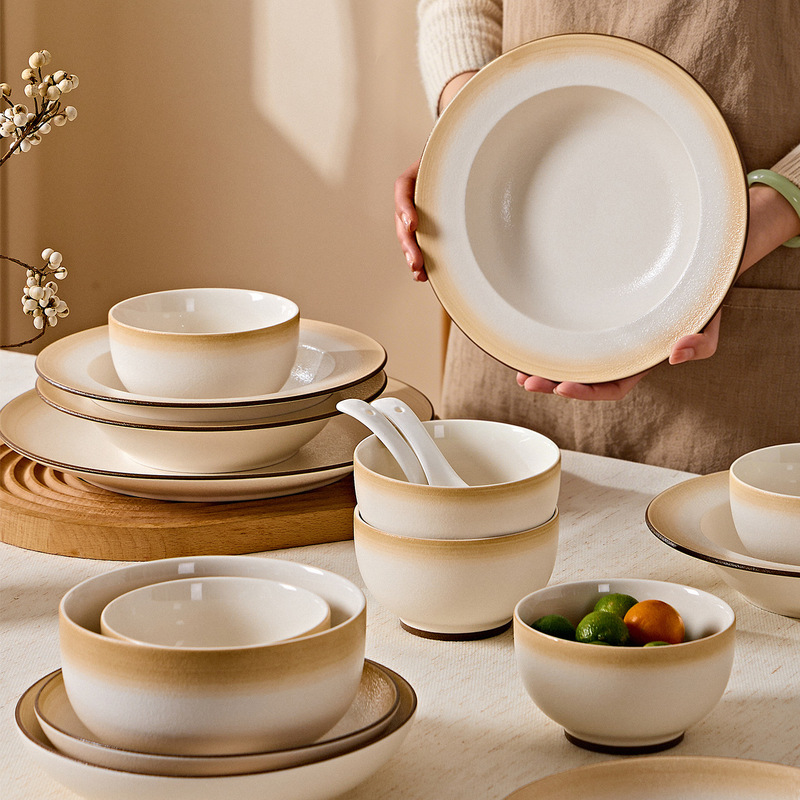 Japanese-style gradient brown ceramic tableware set for home use, simple matte finish rice bowls, plates, fish plates, housewarming gift bowls