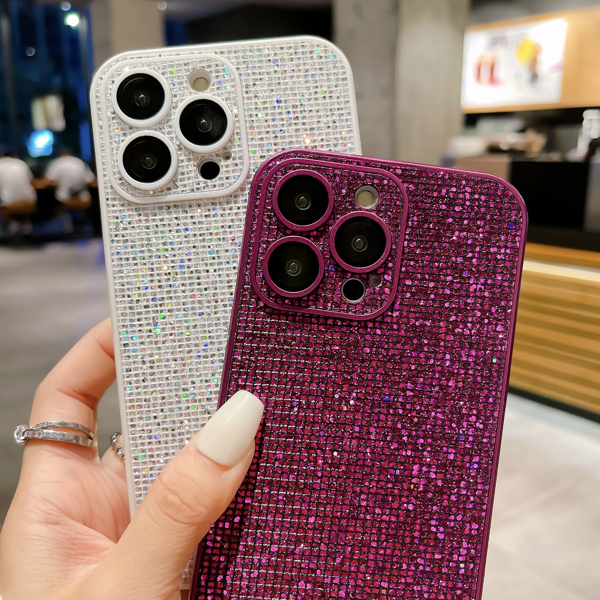Adatto per la custodia glitterata per iPhone 15 PRO, custodia per telefono con diamante con bordo laterale in pellicola per obiettivo Apple 14_voghion.com
