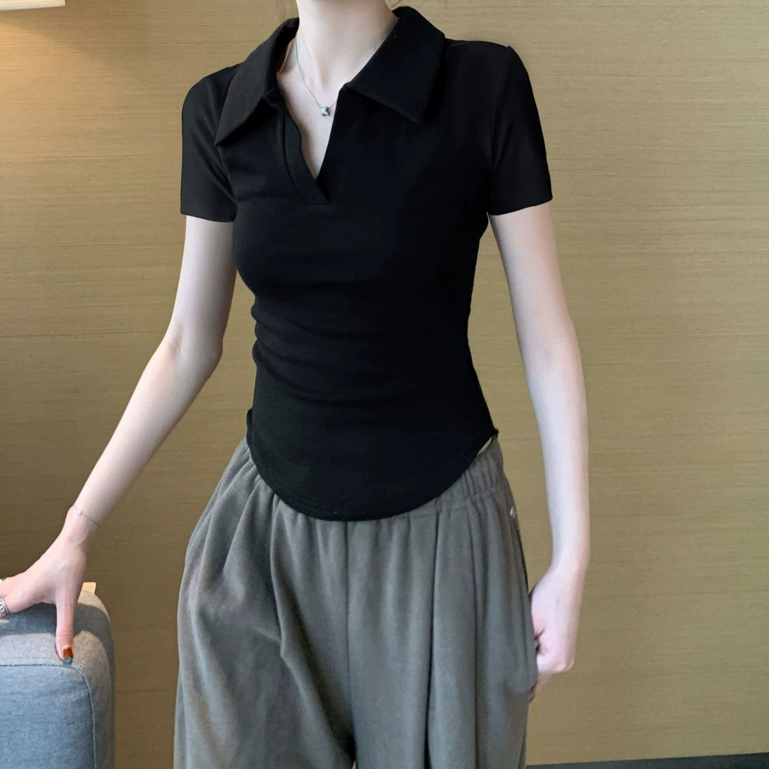 K plus размер, слегка полный MM, модная, уменьшающая возраст, новая футболка с короткими рукавами и воротником-поло, женская летняя асимметричная футболка для похудения, топ на правое плечо