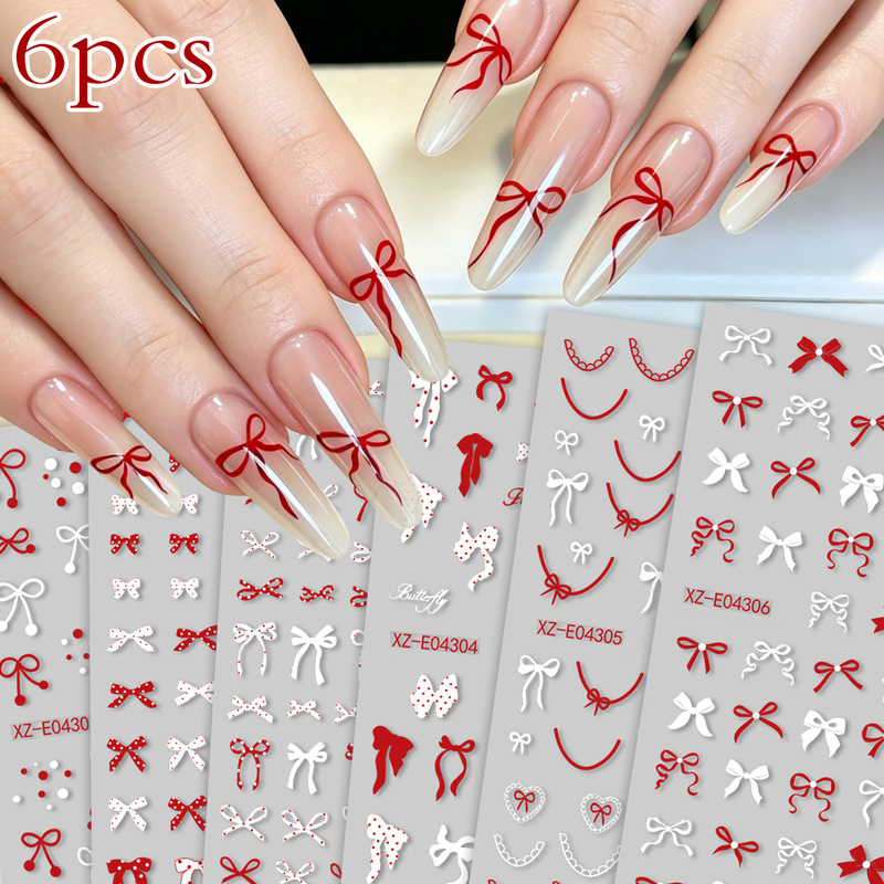 New 6-piece set of French bow nail art stickers, cross-border set of red bow ribbon nail stickers New 6-piece set of French bow nail art stickers, cross-border set of red bow ribbon nail stickers