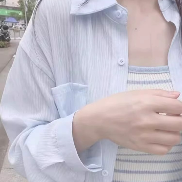 蓝色亚麻防晒衬衫女2025新款夏季轻薄小个子开衫长袖袖套外套上衣|undefined