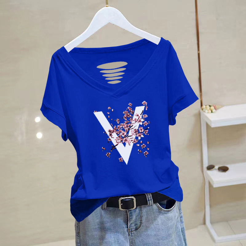 100 Cotton T-shirt Women's Short-sleeved Loose V-neck 2024 New Women's Clothing Chicken Heart Collar Summer Top Casual T-shirt