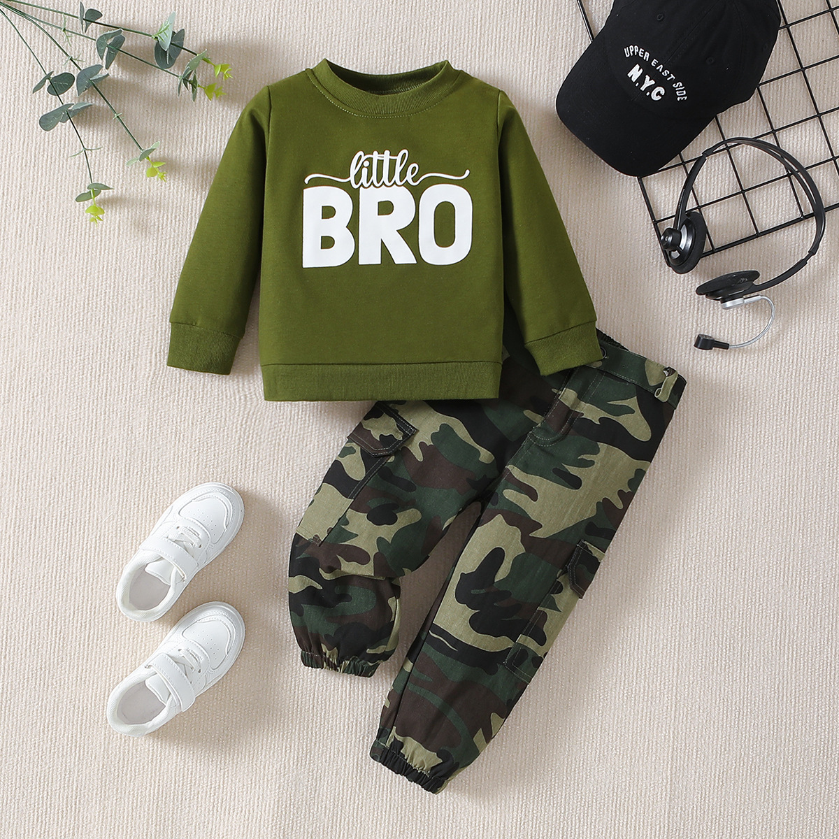 Ensemble deux pièces décontracté pour garçons, vêtements d'automne pour enfants, sweat à capuche à manches longues et pantalon camouflage avec lettres_voghion.com