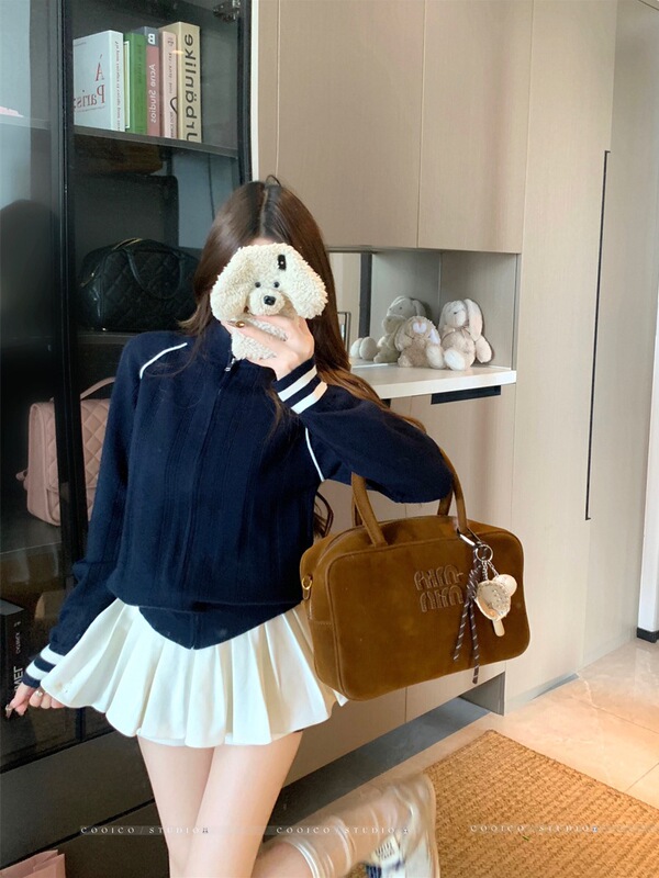 学院风立领撞色长袖针织衫女2025秋季新款设计感显瘦拉链甜辣外套|undefined