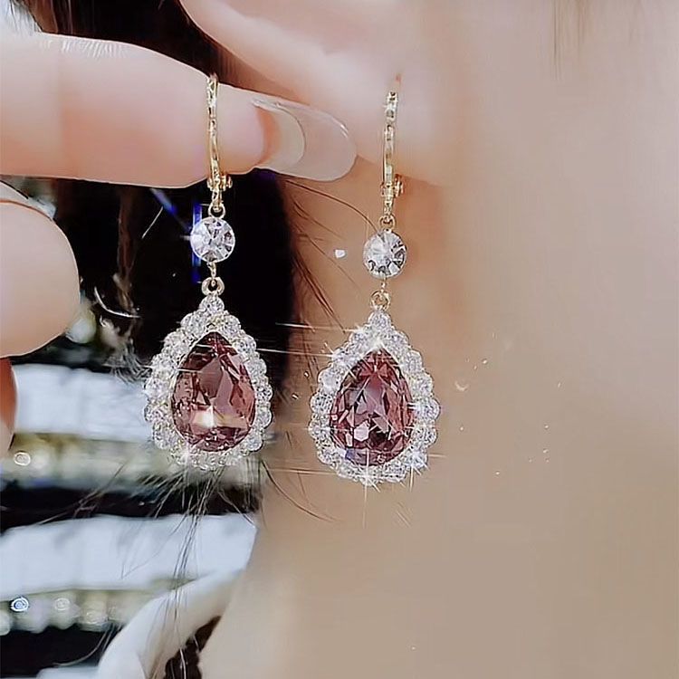 新款超閃鋯石水滴耳環高級感咖啡水晶耳扣輕奢氣質百搭耳飾