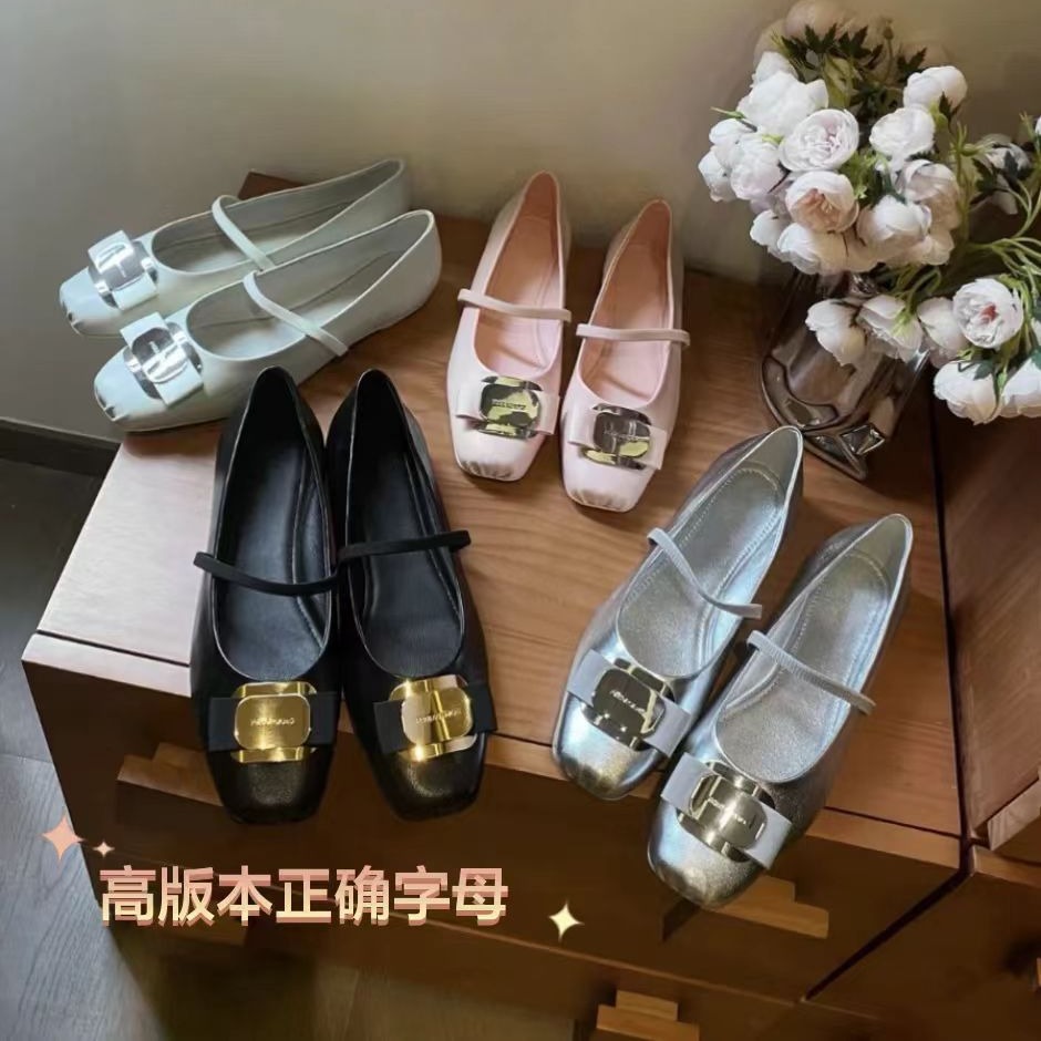 Sf Ballet Flats for Women with Metal Buckle Sole, Bowknot Single Strap Mary Jane Slip-On Shoes, Flat Heel