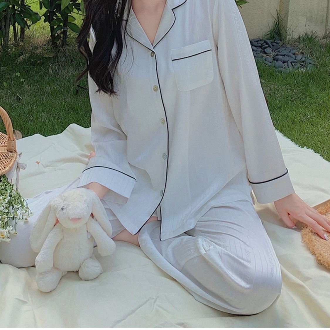 Primavera y otoño nueva pareja pijamas de las mujeres simple seda artificial jacquard alto sentido en vivo streaming homewear traje hombres