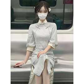 新中式蓝色旗袍气质少女倒大袖改良蕾丝连衣裙2024年新款日常可穿