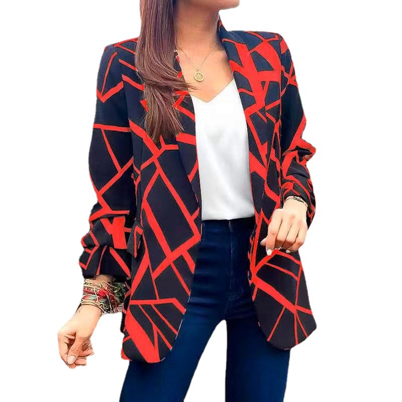 Saco Blazer Estampado Sin Botones de Poliéster Entallado Manga Larga para Mujer