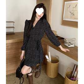 黑色圆点波点碎花长袖连衣裙子女秋季2025新款茶歇法式赫本风秋装