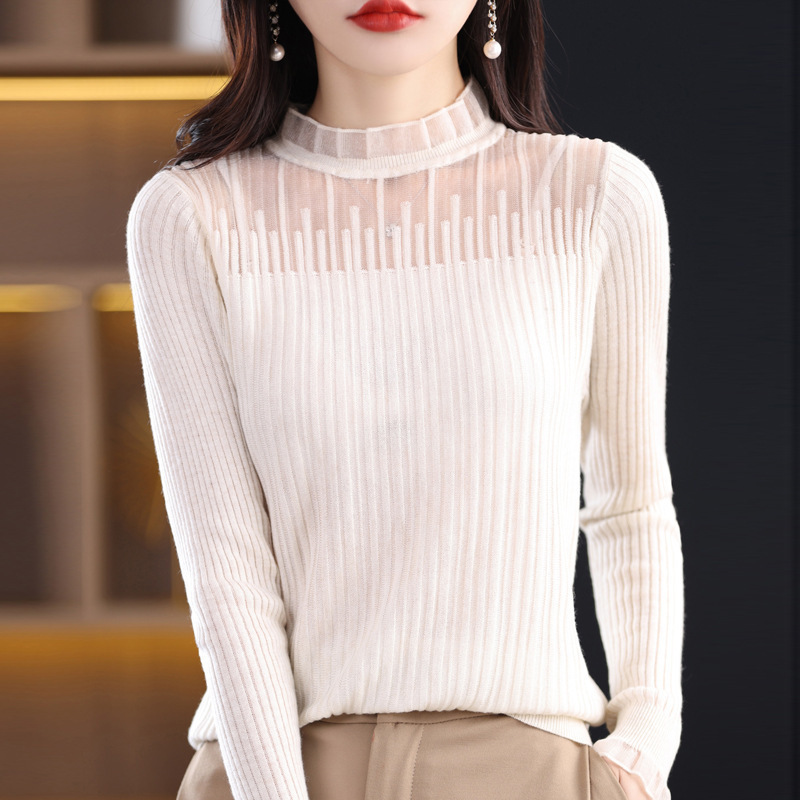 French Style Chic Lace Collar Base Shirt Women's Half Turtleneck Sweater Thin Western Style Wool Sweater Women's Hair Rep